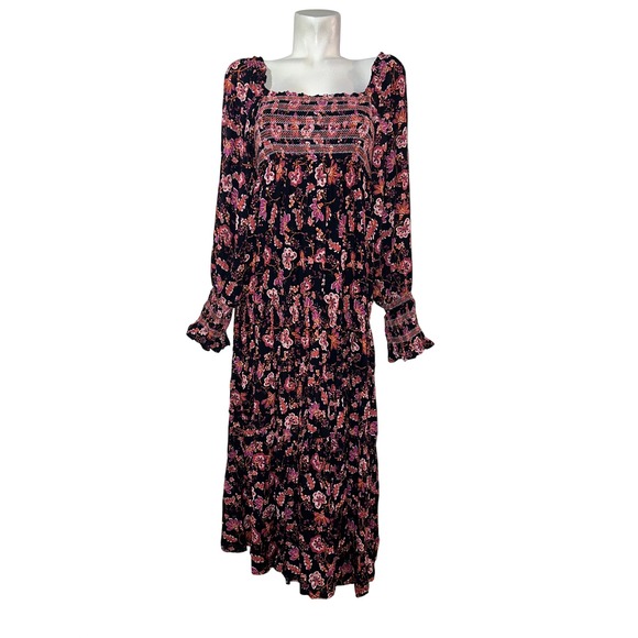 Free People Dresses & Skirts - Free People Womens Smocked Floral Midi Dress Black Pink Long Sleeve Size M Boho